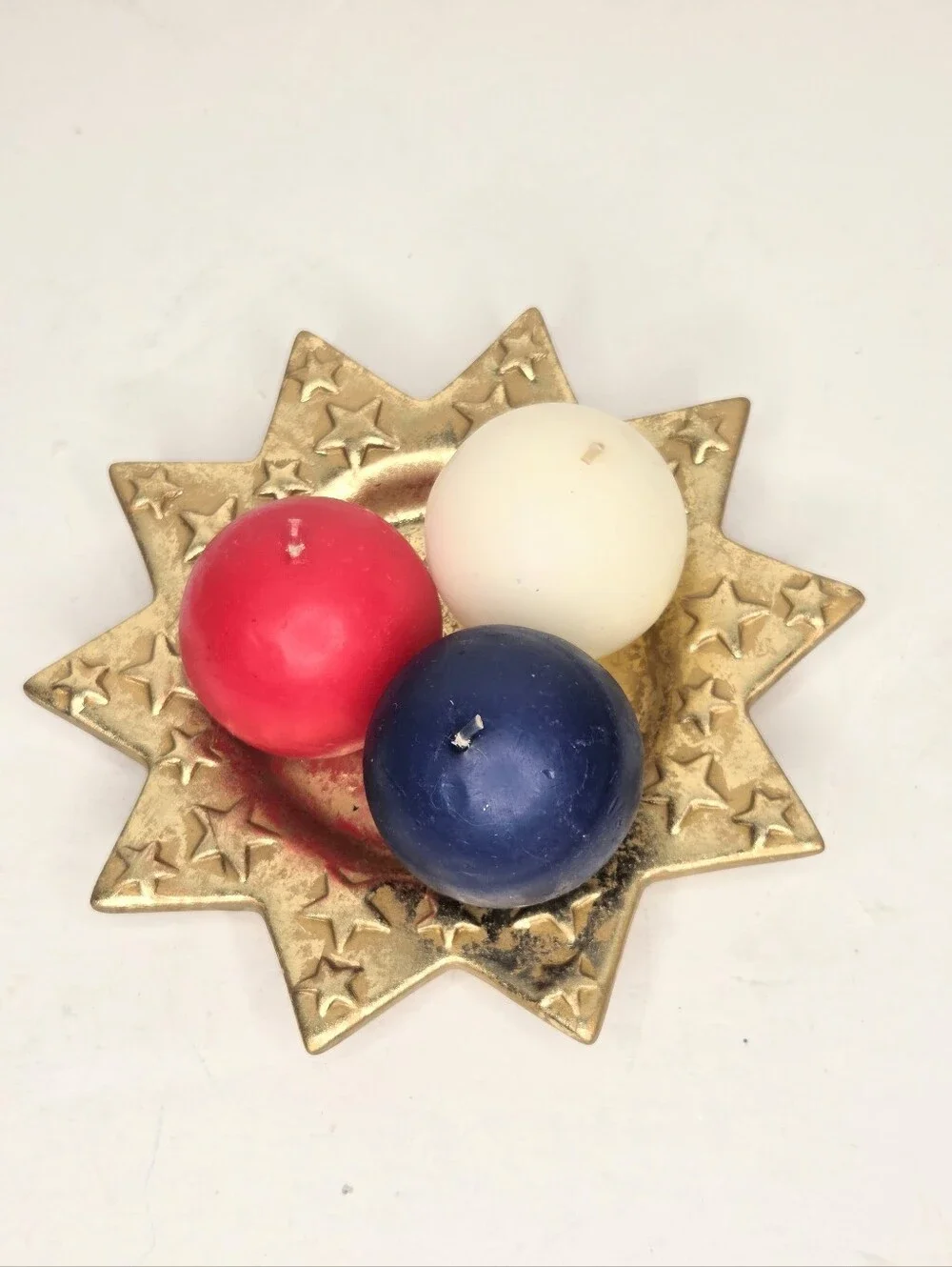 Gold Star Trinket Dish with Red White Blue Sphere Round Ball Candles Patriotic
